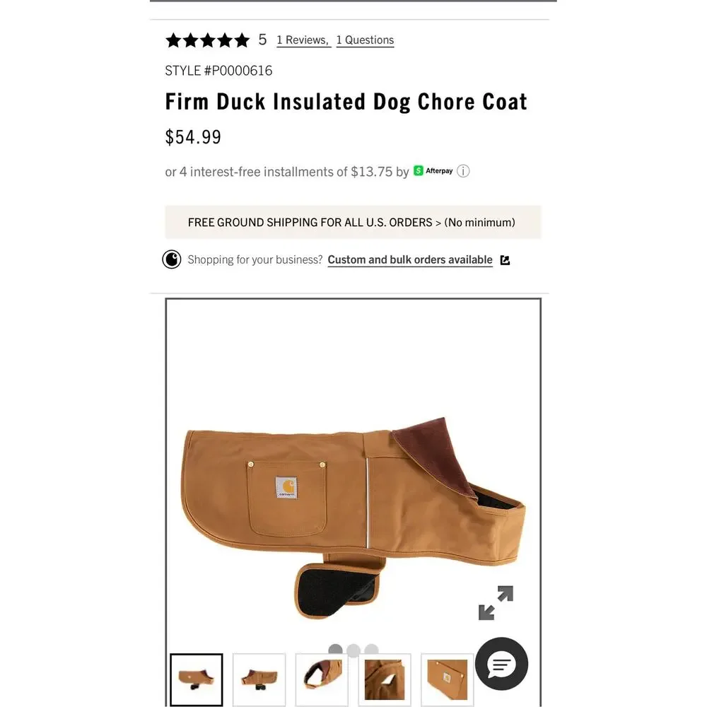 Firm Duck Insulated Dog Chore Coat -Small